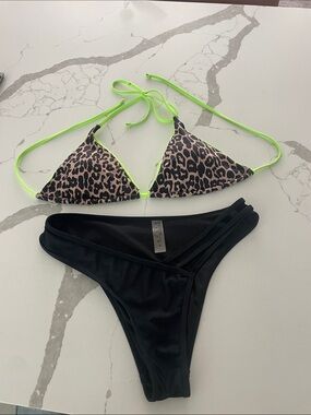 Neon Trim Leopard Triangle Bikini Top Large with Black Bottom Medium